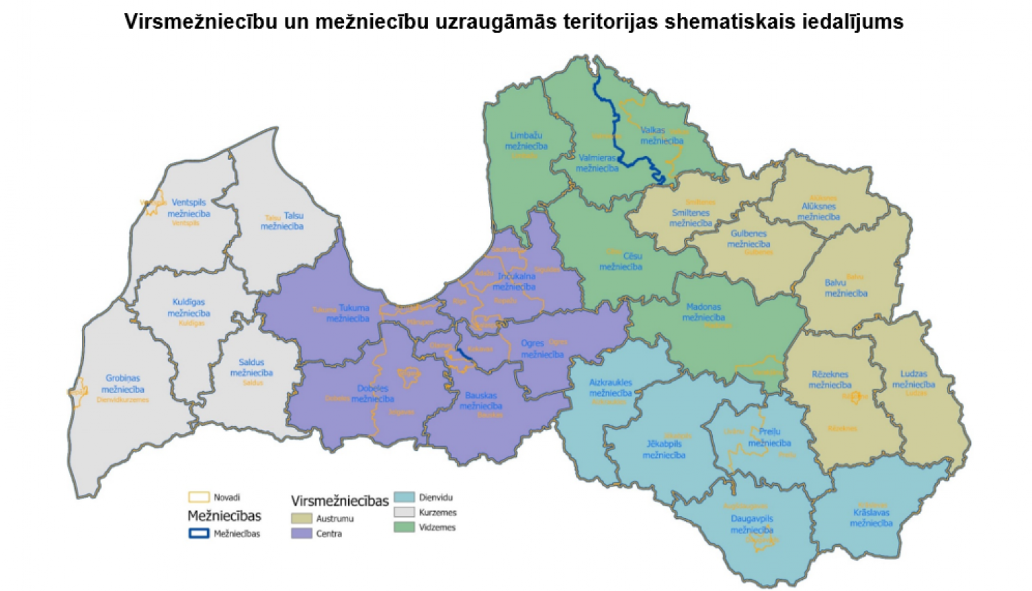 Virsmežniecību un mežniecību uzraugāmās teritorijas shematiskais iedalījums no 01.04.2024.