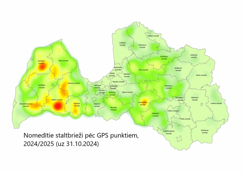 Karte ar nomedītiem staltbriežiem 2024./2025.