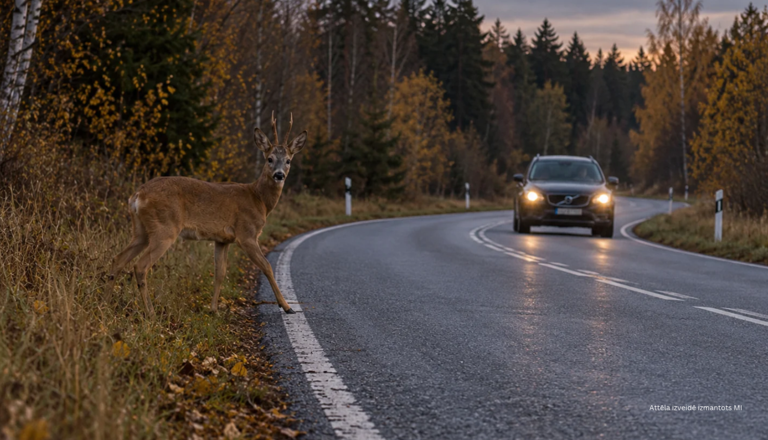 Stirna ceļa malā, kurai tuvojas auto