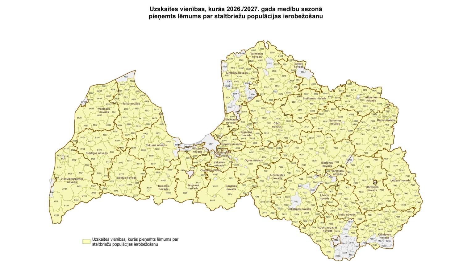 Karte ar staltbriežu medību ierobežojumiem 2026