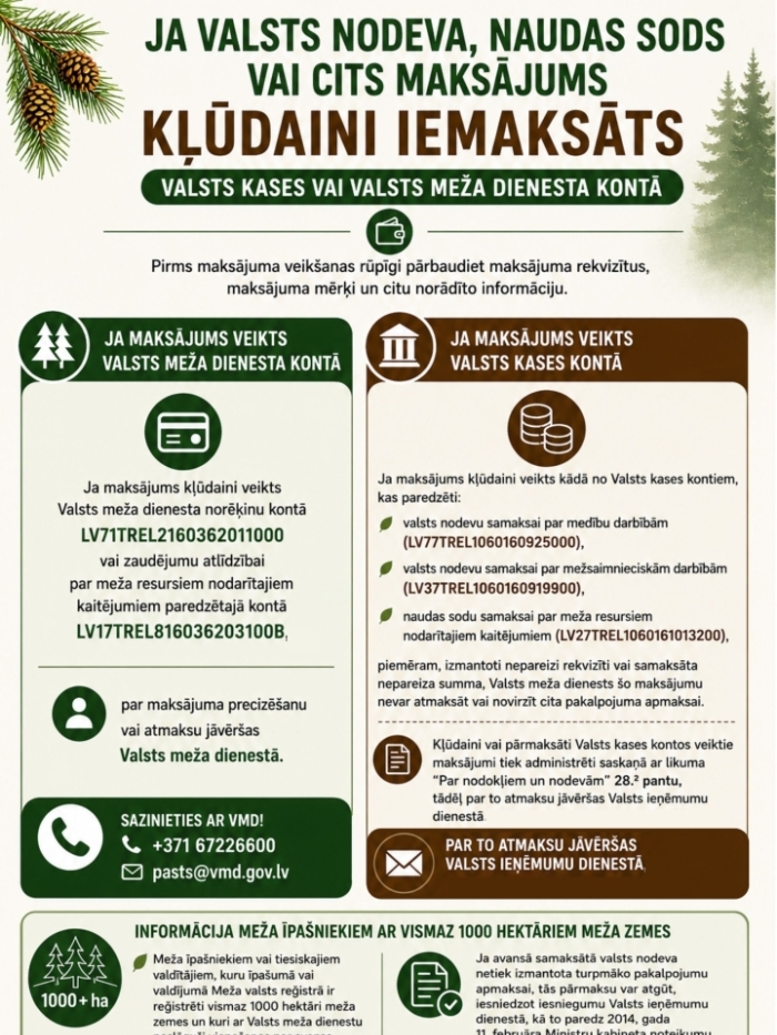 Infografika - ko darīt, ja kļūdaini veikts maksājums Valsts kases kontā vai Valsts meža dienesta kontā?