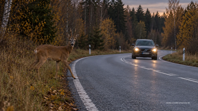 Stirna ceļa malā, kurai tuvojas auto