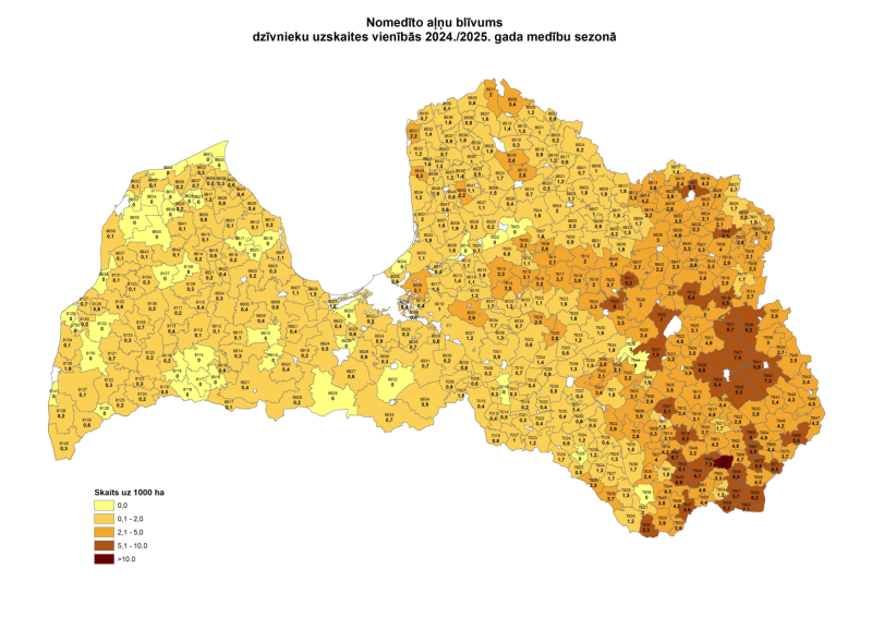 Nomedīto aļņu blīvums dzīvnieku uzskaites vienībās 2024./2025. gada medību sezona