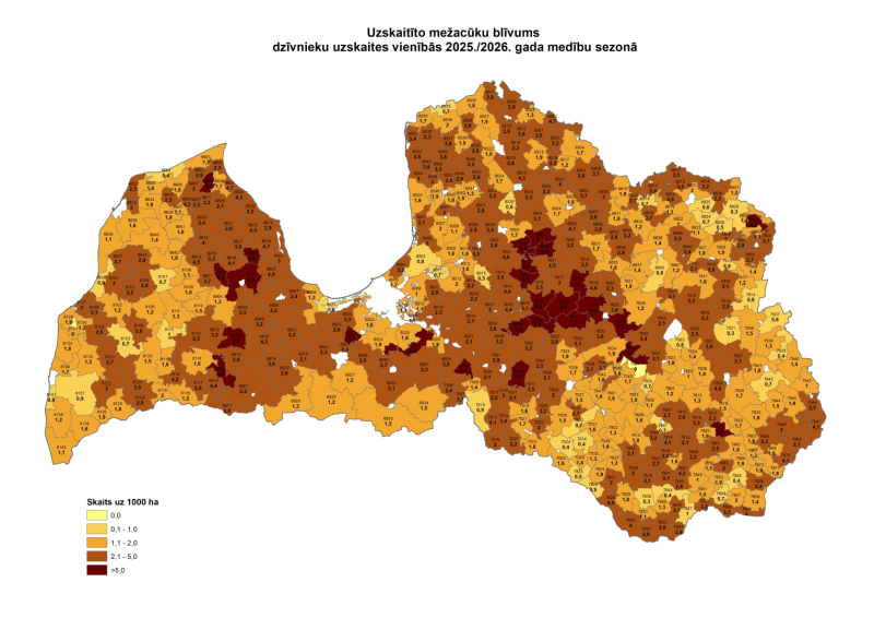 Uzskaitīto mežacūku blīvums 2025