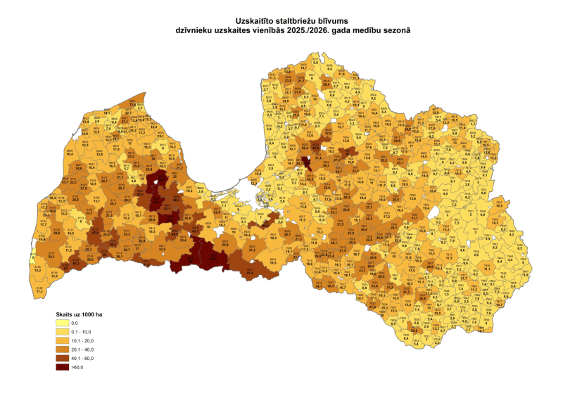 Uzskaitīto staltbriežu blīvums 2025