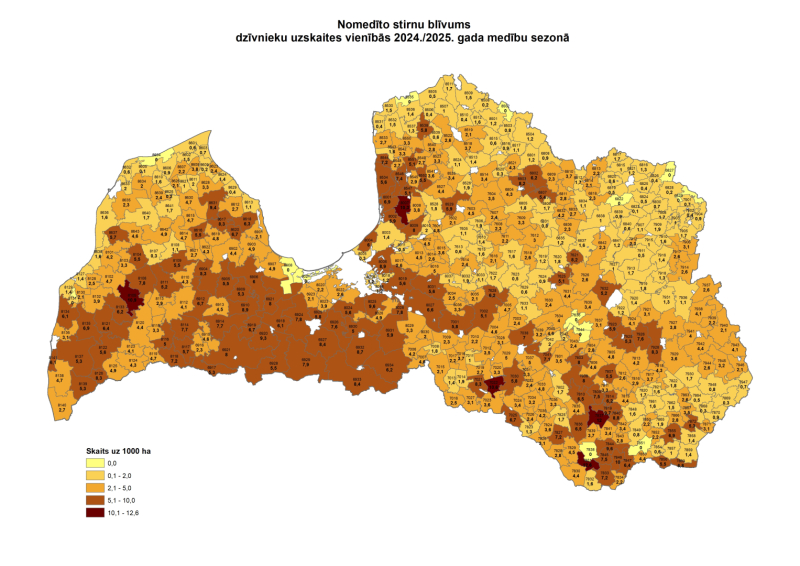 Nomedīto stirnu blīvums dzīvnieku uzskaites vienībās 2024./2025. gada medību sezona