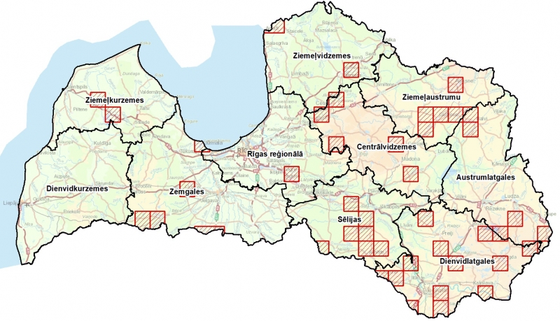 Kartē ar sarkanajiem kvadrantiem apzīmētas teritorijas, kuras plānotas apsekot.