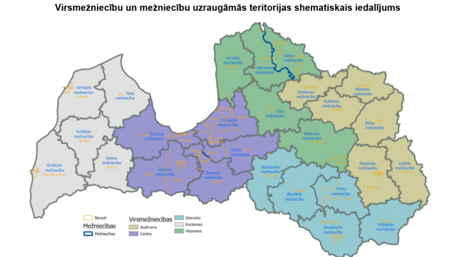 Virsmežniecību un mežniecību uzraugāmās teritorijas shematiskais iedalījums no 01.04.2024.