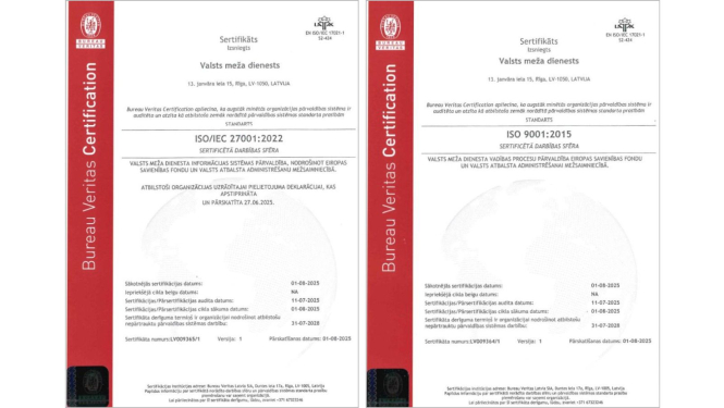 Sertifikāti ISO 9001:2015 un ISO/IEC 27001:2022 