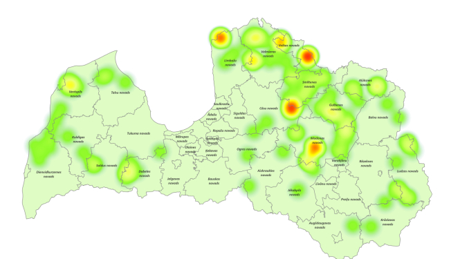 Nomedīto vilku karte 2025./2026. medību sezonā līdz 12.09.2025.
