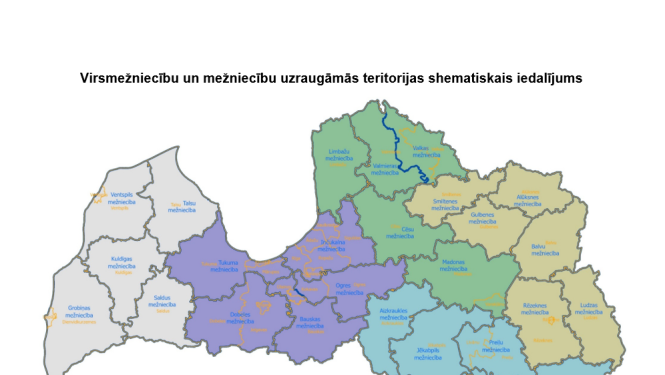 Virsmežniecību un mežniecību uzraugāmās teritorijas shematiskais iedalījums no 01.04.2024.