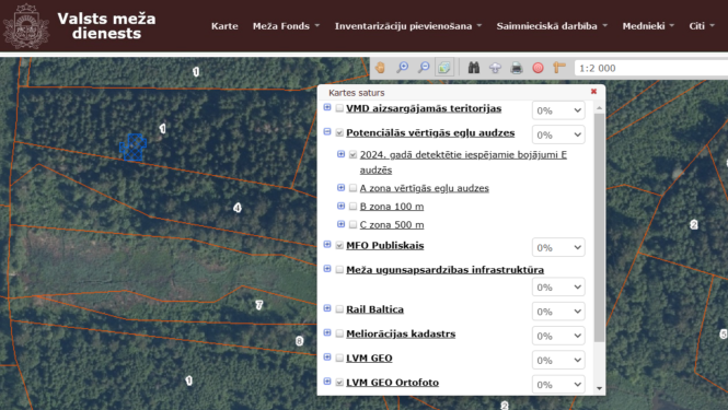 Attēls no Meža valsts reģistra kartes, kur redzams kā egļu audzē ar zilām rūtiņām atzīmēta iespējamā bojājumu vieta