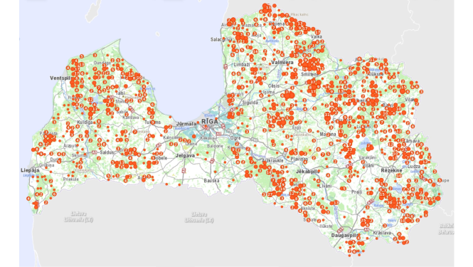 vilku klātbūtnes pazīmju kartes slāņa attēlojums mobilajā lietotnē “Mednis”