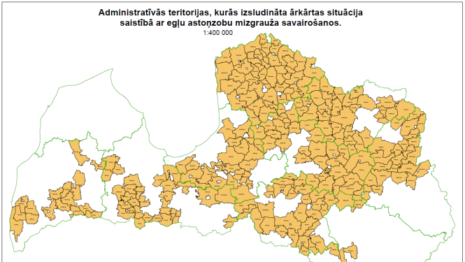Administratīvās teritorijas, kurās izsludināta ārkārtas situācija saistībā ar egļu astoņzobu mizgrauža savairošanos