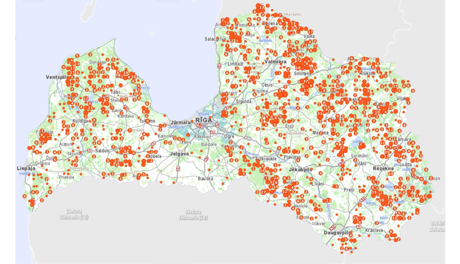 vilku klātbūtnes pazīmju kartes slāņa attēlojums mobilajā lietotnē “Mednis”
