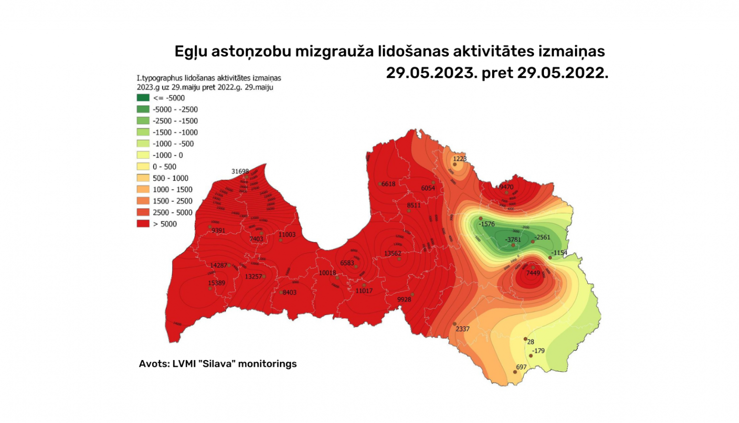 Egļu astoņzobu mizgrauža lidošanas aktivitātes izmaiņas  29.05.2023. pret 29.05.2022.